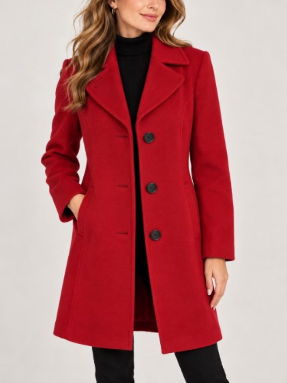 Chic Anne Klein Red Lambswool Cashmere Pea Coat Women's 10P Like New